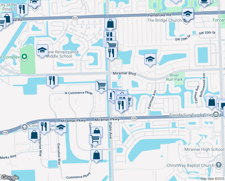 map of restaurants, bars, coffee shops, grocery stores, and more near 2716 River Run Circle South in Miramar