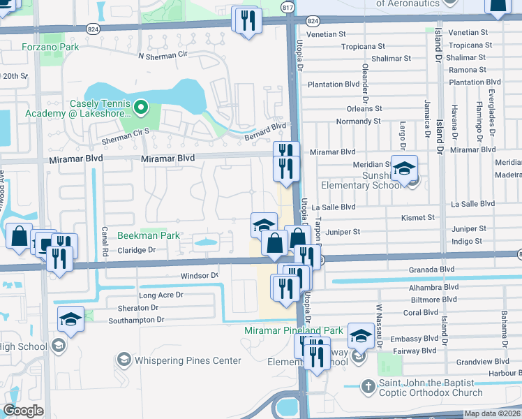 map of restaurants, bars, coffee shops, grocery stores, and more near 2773 Southwest 82nd Avenue in Miramar