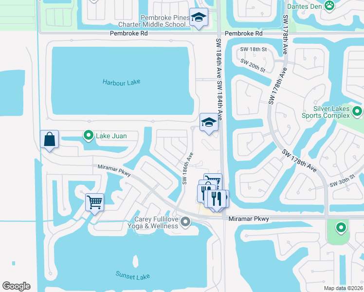 map of restaurants, bars, coffee shops, grocery stores, and more near 18753 Southwest 27th Street in Miramar