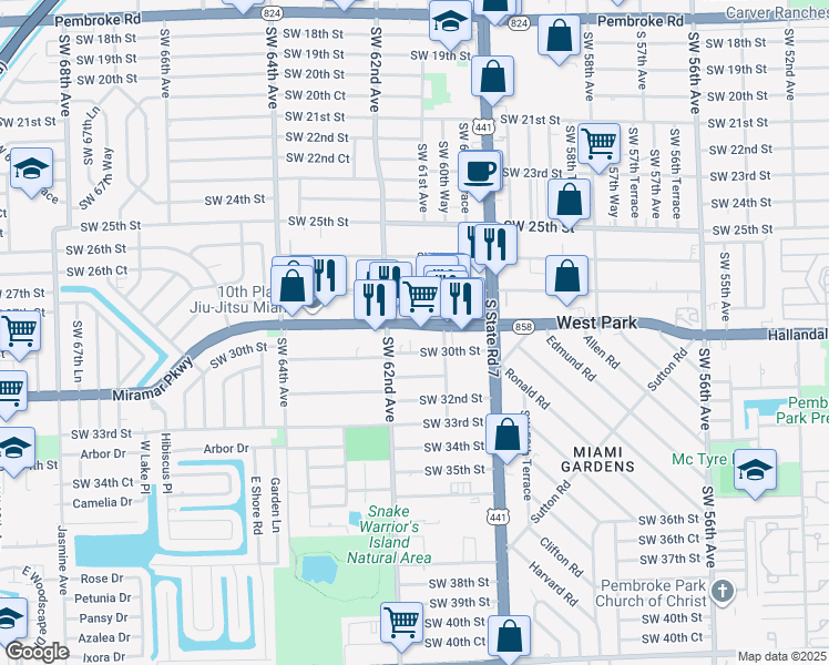 map of restaurants, bars, coffee shops, grocery stores, and more near 6142 Florida 858 in Miramar