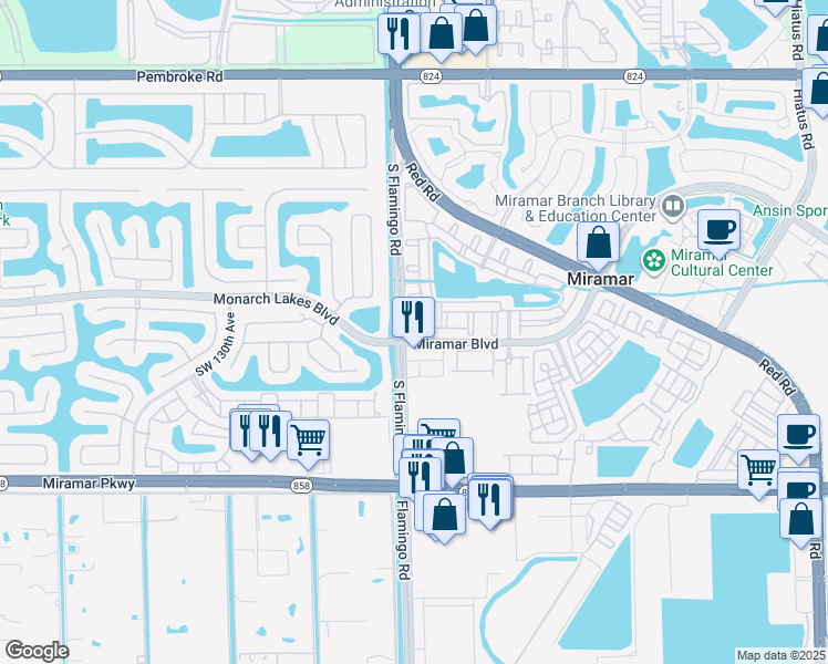 map of restaurants, bars, coffee shops, grocery stores, and more near 2578 Centergate Drive in Miramar