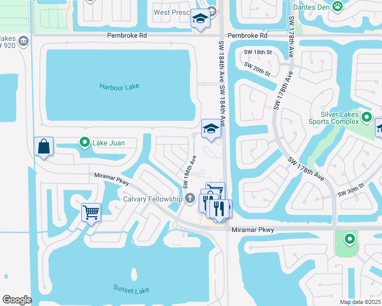map of restaurants, bars, coffee shops, grocery stores, and more near 2663 Southwest 187th Avenue in Miramar