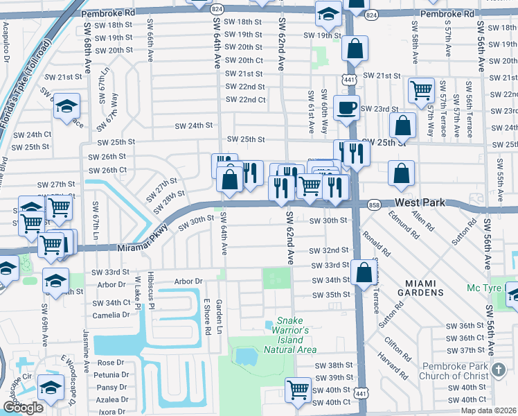 map of restaurants, bars, coffee shops, grocery stores, and more near 6240 Florida 858 in Miramar