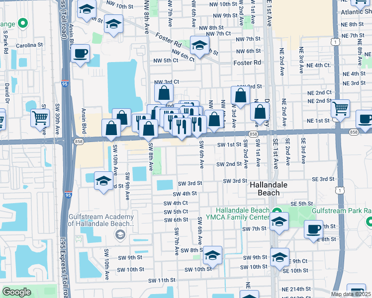 map of restaurants, bars, coffee shops, grocery stores, and more near 631 Southwest 1st Street in Hallandale Beach