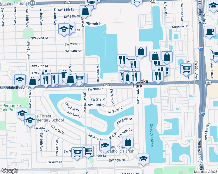 map of restaurants, bars, coffee shops, grocery stores, and more near 3700 West Hallandale Beach Boulevard in Hollywood