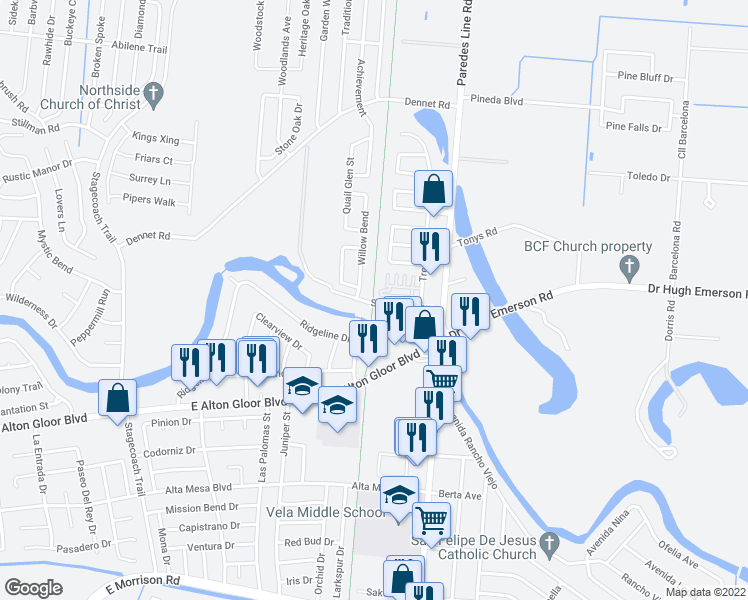 map of restaurants, bars, coffee shops, grocery stores, and more near 2370 N.expressway in Brownsville