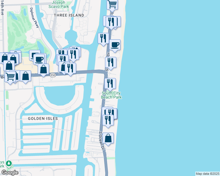 map of restaurants, bars, coffee shops, grocery stores, and more near 1847 South Ocean Drive in Hallandale Beach