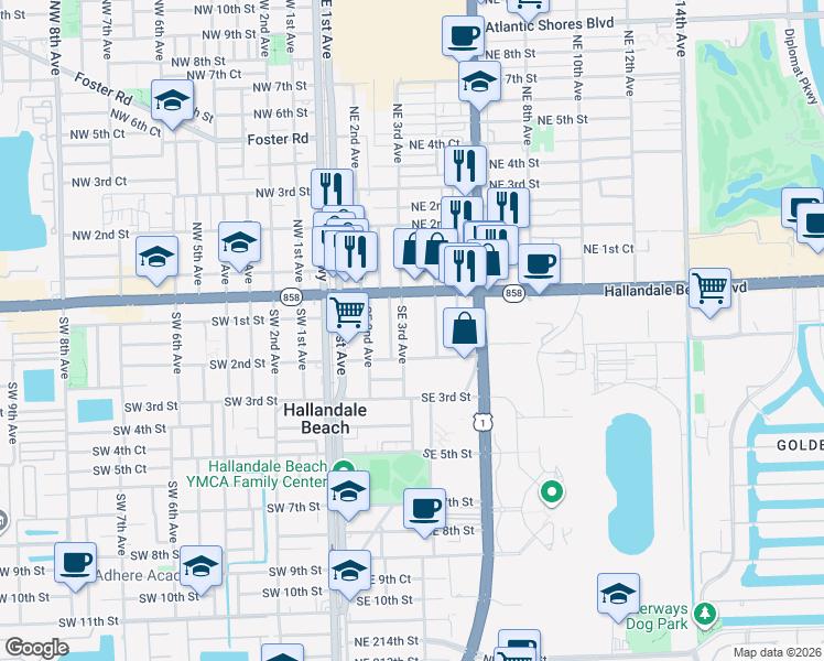 map of restaurants, bars, coffee shops, grocery stores, and more near 41 Southeast 3rd Avenue in Hallandale Beach