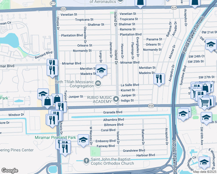 map of restaurants, bars, coffee shops, grocery stores, and more near 7750 La Salle Boulevard in Miramar
