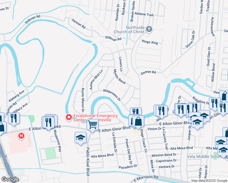 map of restaurants, bars, coffee shops, grocery stores, and more near 5330 Wilderness Drive in Brownsville