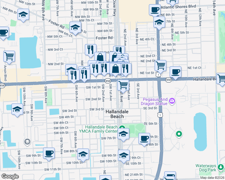 map of restaurants, bars, coffee shops, grocery stores, and more near 102 Southwest 1st Avenue in Hallandale Beach