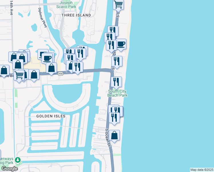 map of restaurants, bars, coffee shops, grocery stores, and more near 1847 South Ocean Drive in Hallandale Beach