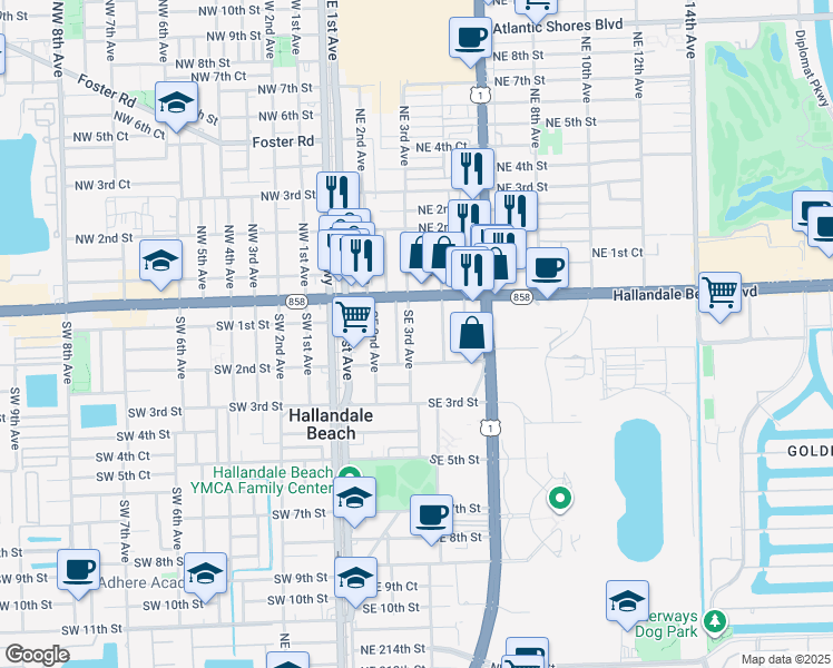 map of restaurants, bars, coffee shops, grocery stores, and more near 41 Southeast 3rd Avenue in Hallandale Beach