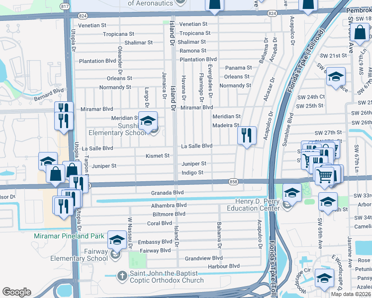 map of restaurants, bars, coffee shops, grocery stores, and more near 2801 Island Drive in Miramar