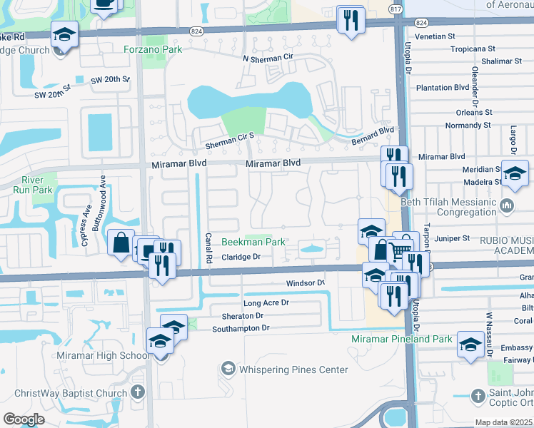map of restaurants, bars, coffee shops, grocery stores, and more near 2748 Southwest 84th Terrace in Miramar