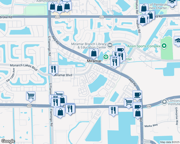 map of restaurants, bars, coffee shops, grocery stores, and more near 11878 Southwest 25th Court in Miramar