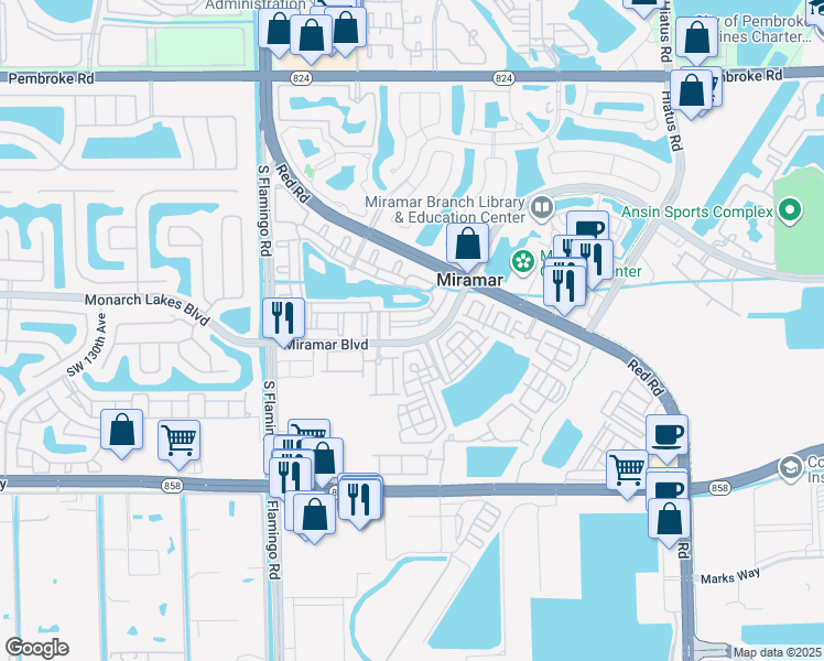 map of restaurants, bars, coffee shops, grocery stores, and more near 2512 Centergate Drive in Miramar