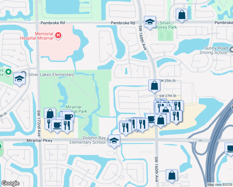 map of restaurants, bars, coffee shops, grocery stores, and more near 2742 Southwest 165th Avenue in Miramar
