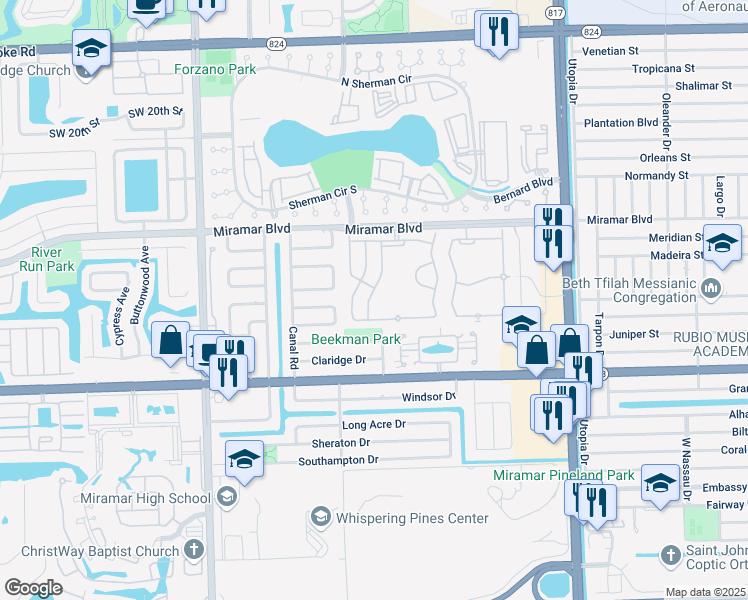 map of restaurants, bars, coffee shops, grocery stores, and more near 2748 Southwest 84th Terrace in Miramar