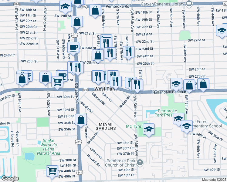map of restaurants, bars, coffee shops, grocery stores, and more near in West Park