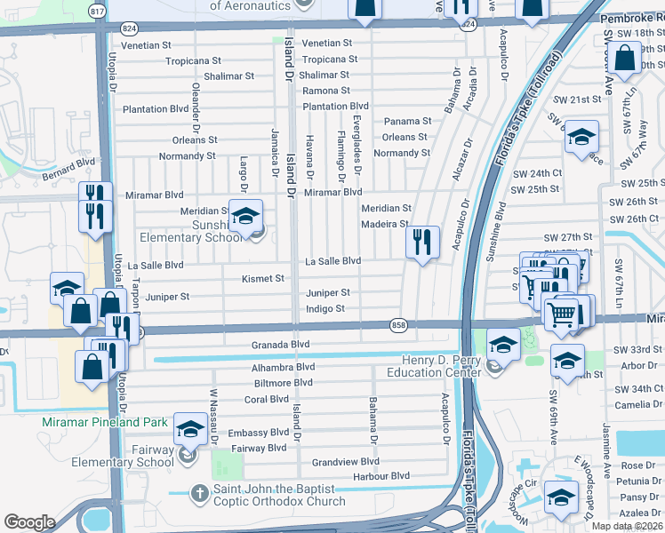 map of restaurants, bars, coffee shops, grocery stores, and more near 7636 La Salle Boulevard in Miramar