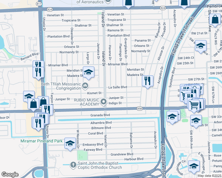map of restaurants, bars, coffee shops, grocery stores, and more near 2801 Island Drive in Miramar