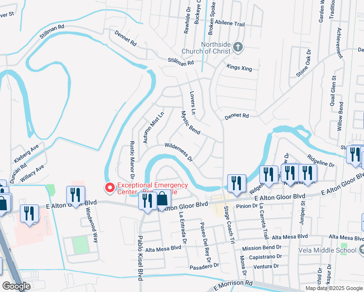 map of restaurants, bars, coffee shops, grocery stores, and more near 5330 Wilderness Drive in Brownsville