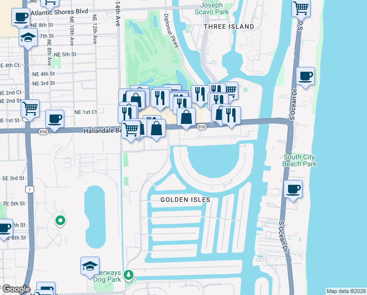 map of restaurants, bars, coffee shops, grocery stores, and more near 468 Golden Isles Drive in Hallandale Beach