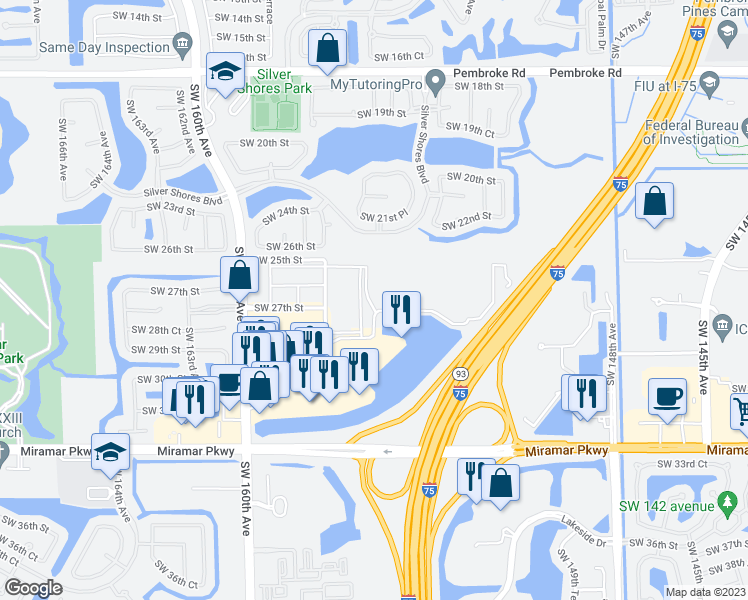 map of restaurants, bars, coffee shops, grocery stores, and more near 15501 Southwest 29th Street in Miramar