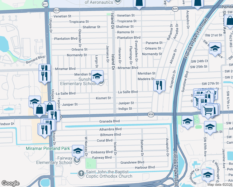 map of restaurants, bars, coffee shops, grocery stores, and more near 2801 Island Drive in Miramar