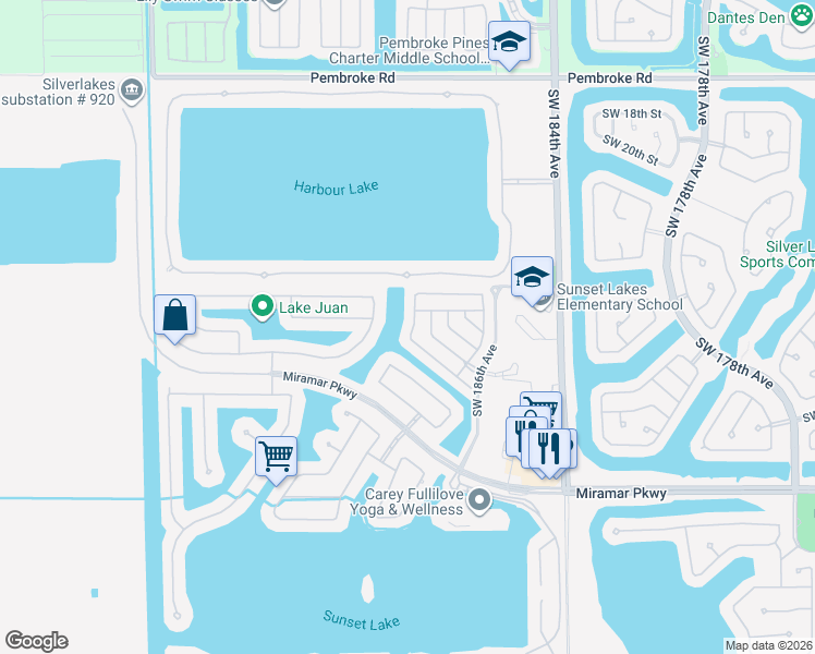 map of restaurants, bars, coffee shops, grocery stores, and more near 2658 Southwest 189th Avenue in Miramar