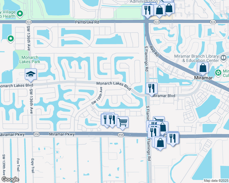 map of restaurants, bars, coffee shops, grocery stores, and more near 12838 Southwest 26th Street in Miramar