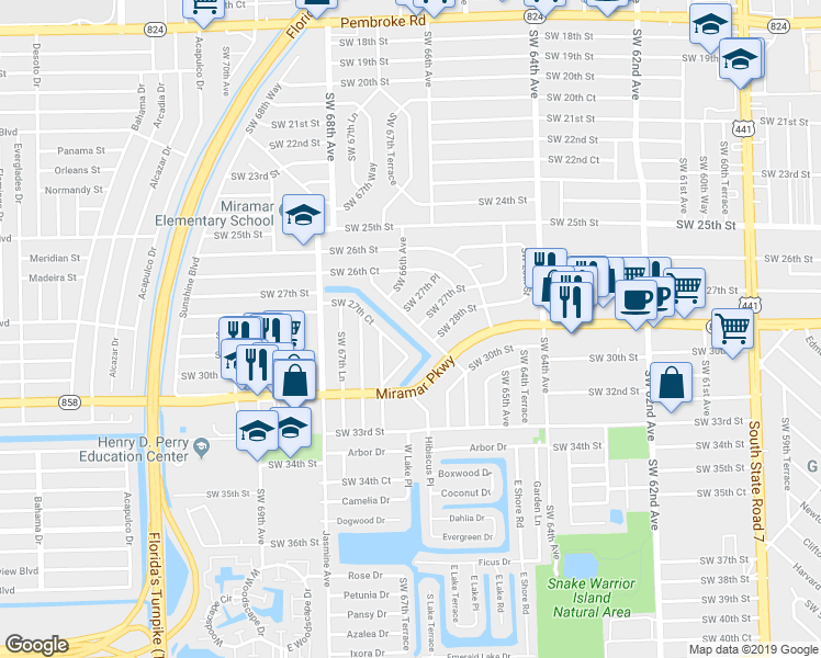 map of restaurants, bars, coffee shops, grocery stores, and more near 2722 Southwest 66th Terrace in Miramar