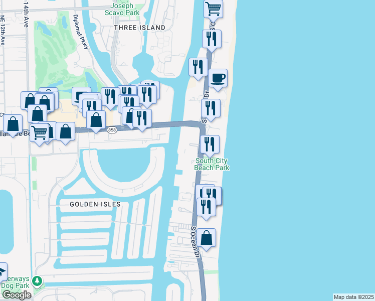 map of restaurants, bars, coffee shops, grocery stores, and more near 1833 South Ocean Drive in Hallandale Beach