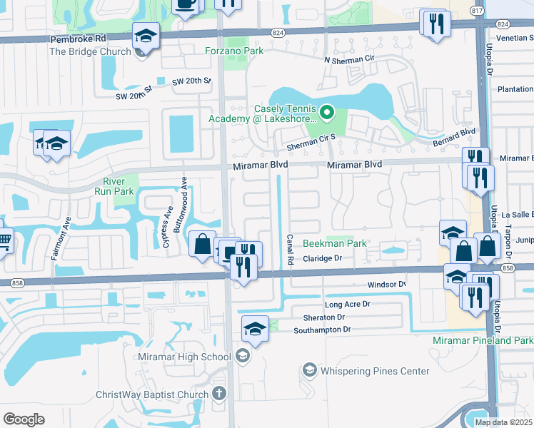 map of restaurants, bars, coffee shops, grocery stores, and more near 8747 North Crescent Drive in Miramar