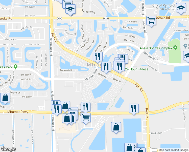 map of restaurants, bars, coffee shops, grocery stores, and more near 11878 Southwest 25th Court in Miramar