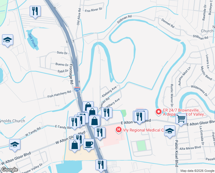 map of restaurants, bars, coffee shops, grocery stores, and more near 131 Nueces Avenue in Brownsville