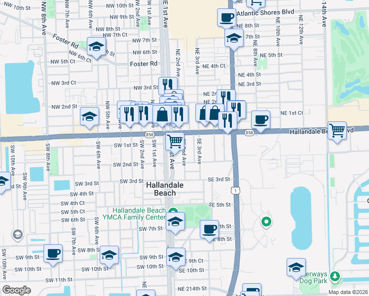 map of restaurants, bars, coffee shops, grocery stores, and more near 105 Southeast 2nd Avenue in Hallandale Beach
