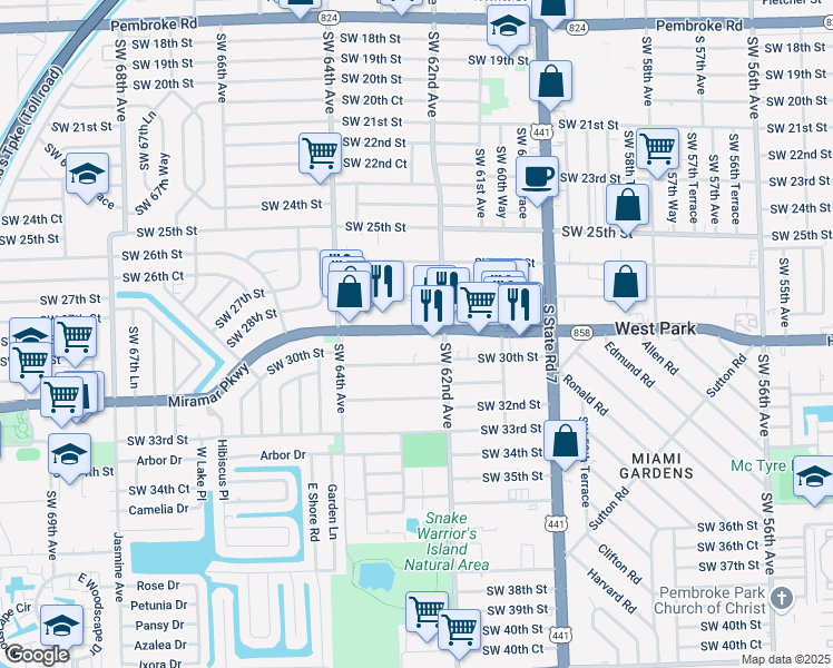 map of restaurants, bars, coffee shops, grocery stores, and more near 6240 Florida 858 in Miramar