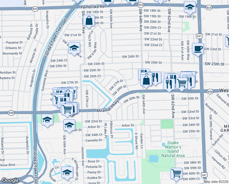 map of restaurants, bars, coffee shops, grocery stores, and more near 6557 Southwest 28th Street in Miramar