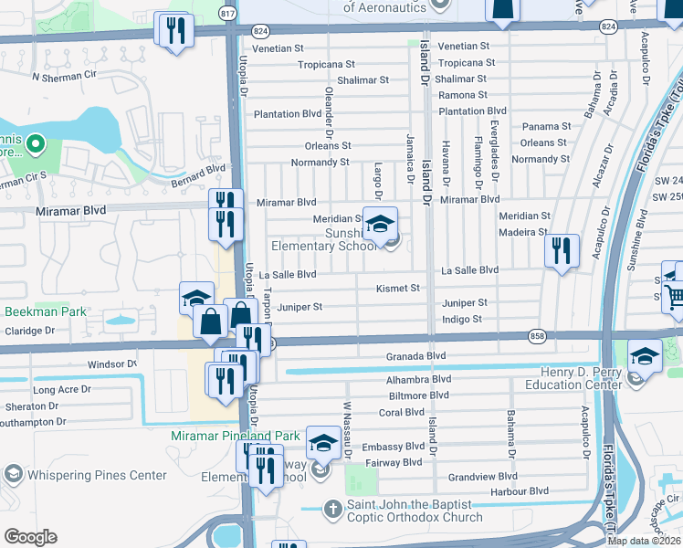map of restaurants, bars, coffee shops, grocery stores, and more near 7817 La Salle Boulevard in Miramar