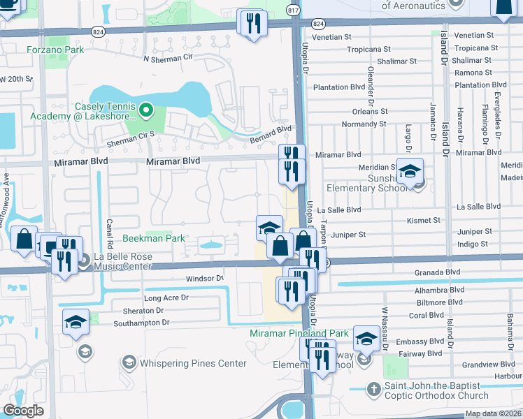map of restaurants, bars, coffee shops, grocery stores, and more near 2773 Southwest 82nd Avenue in Miramar