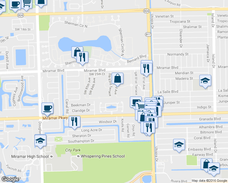 map of restaurants, bars, coffee shops, grocery stores, and more near 2741 Southwest 83rd Terrace in Miramar