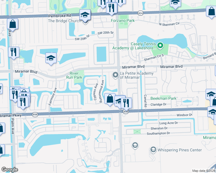 map of restaurants, bars, coffee shops, grocery stores, and more near 2701 Buttonwood Avenue in Miramar