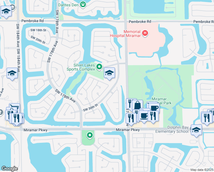 map of restaurants, bars, coffee shops, grocery stores, and more near 2992 Southwest 174th Avenue in Miramar