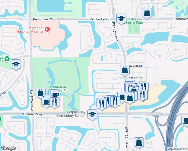 map of restaurants, bars, coffee shops, grocery stores, and more near 2742 Southwest 165th Avenue in Miramar