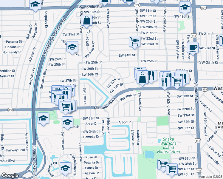 map of restaurants, bars, coffee shops, grocery stores, and more near 6557 Southwest 28th Street in Miramar