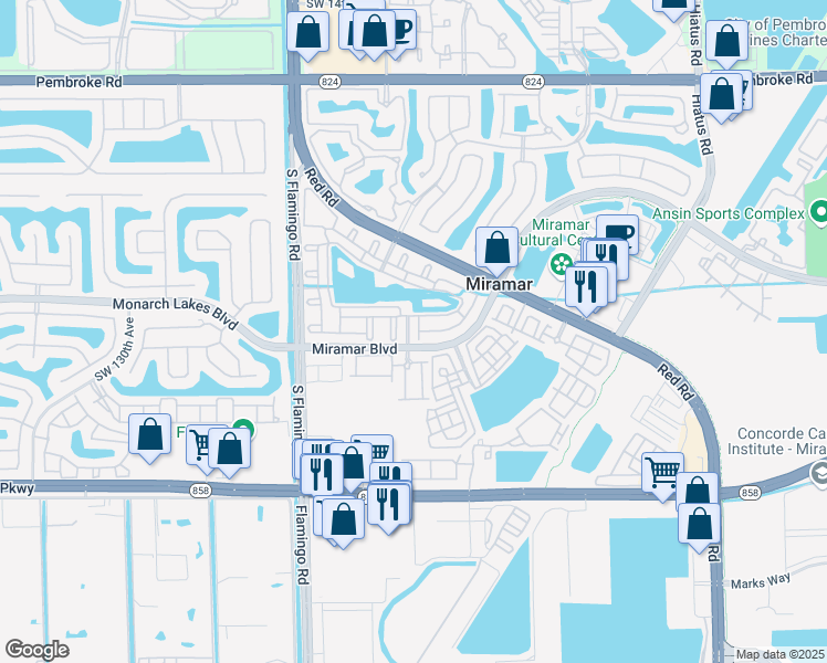 map of restaurants, bars, coffee shops, grocery stores, and more near 57 Centergate Drive in Miramar