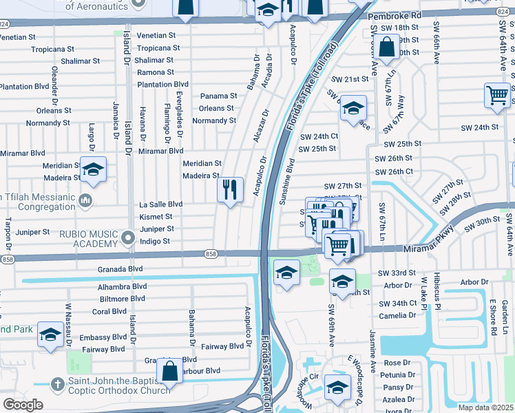 map of restaurants, bars, coffee shops, grocery stores, and more near 2731 Acapulco Drive in Miramar