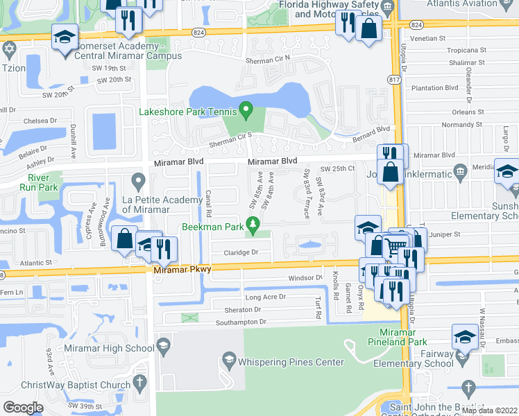 map of restaurants, bars, coffee shops, grocery stores, and more near 2748 Southwest 84th Terrace in Miramar